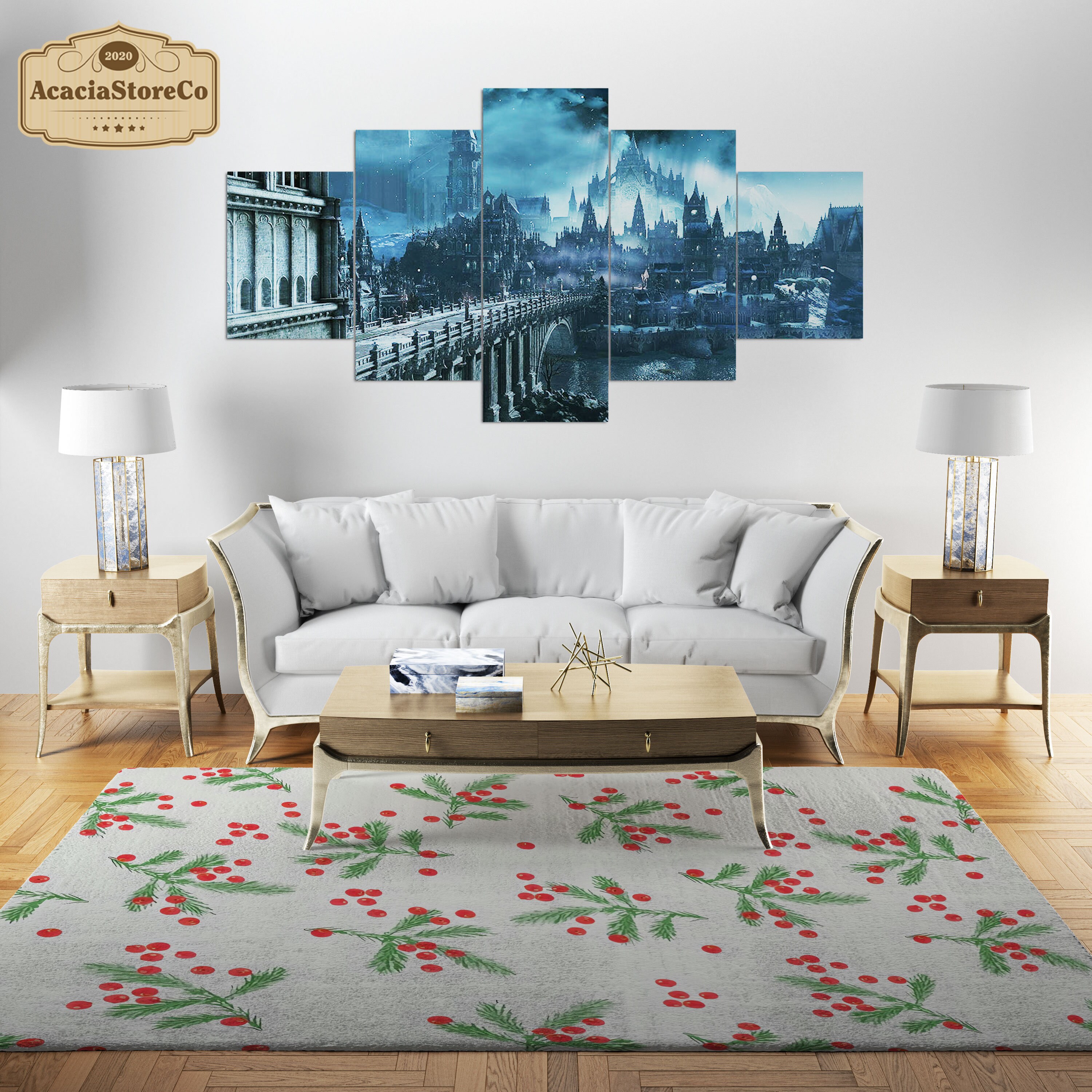 Ornament Pattern Rug Christmas Holly Pattern Rectangle Rug, Merry Christmas Area Rug ...