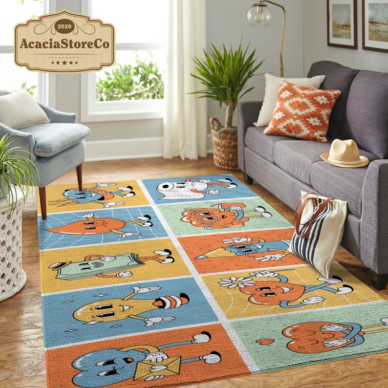 Esty Rugs Characters A Set of Funny Happy Cartoon Characters Area Rug, Vintage Rug, Rugs for ...