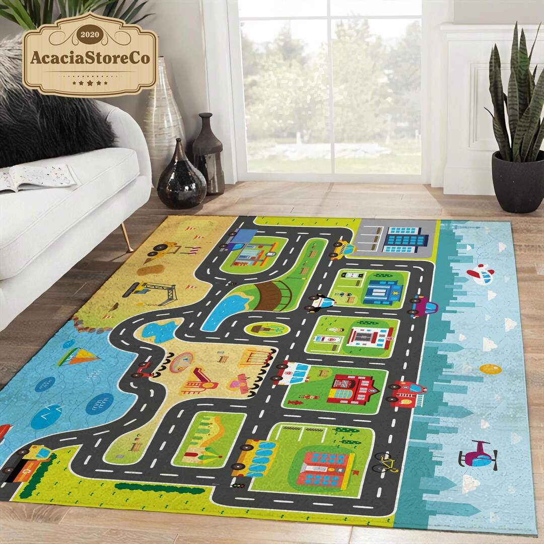 City Child Map Rug My City Road Track Maps for Kids Area Rug, Nursery Rectangle Rug, Kids ...