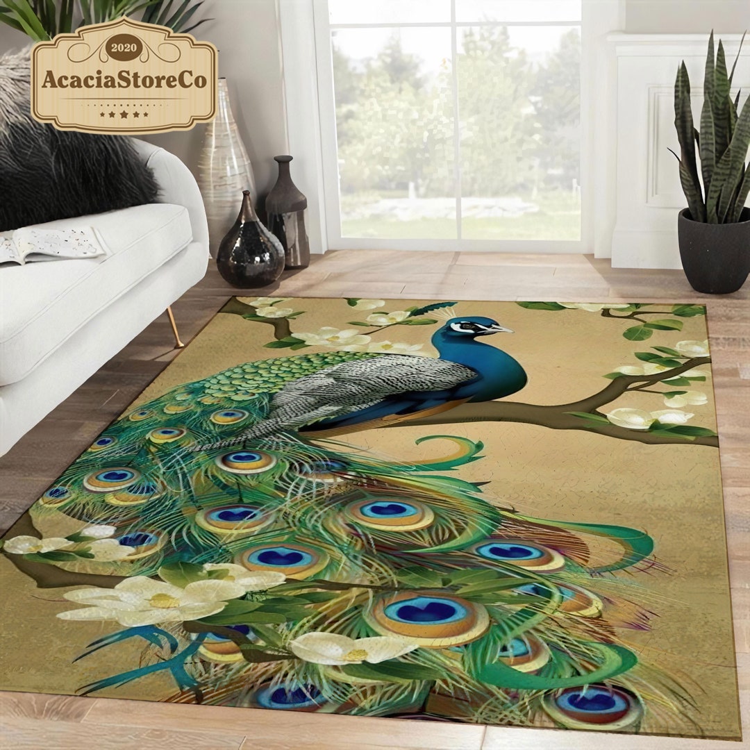 Peacock Vingtage Rectangle Rug, Peacock Area Rug, Peacock Carpet, Large