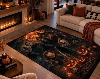 May include: A rectangular area rug featuring a dark, detailed horror-themed illustration. The design includes multiple iconic movie villains, glowing jack-o'-lanterns, a large orange full moon, and a graveyard setting with a somber, spooky atmosphere.