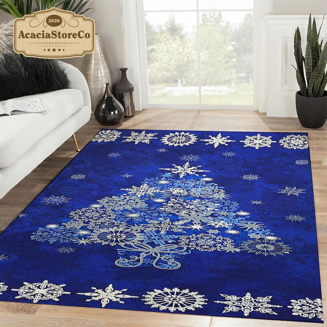 Blue Christmas Tree Area Rug, Snowflake Christmas Rectangle Rug