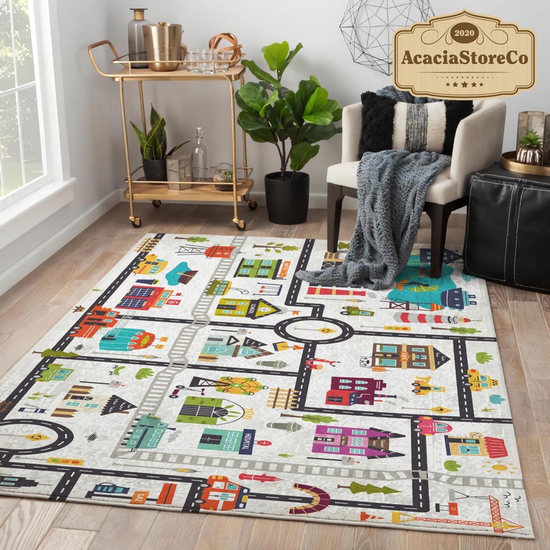 My City Map With Roads Cars Buildings for Kids Area Rug, Nursery ...