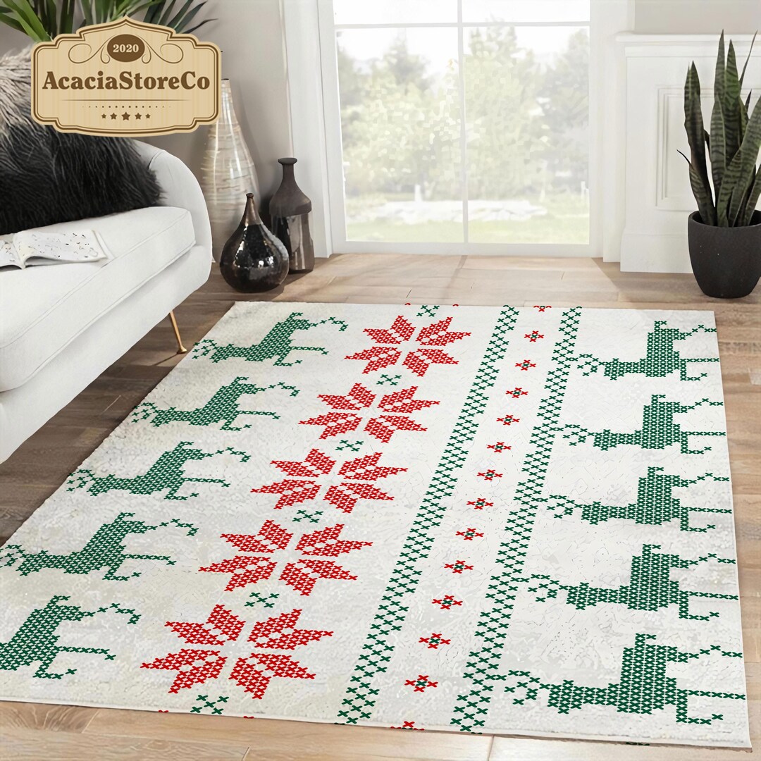Reindeer Christmas Rectangle Rug, Snowflake Christmas Decor, Christmas ...