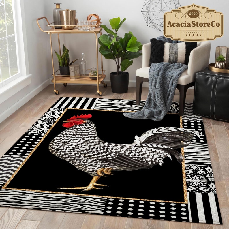 Rooster Design Rugs Black and White Red Rooster Area Rug, Rooster Carpet, Large Vintage Rug ...