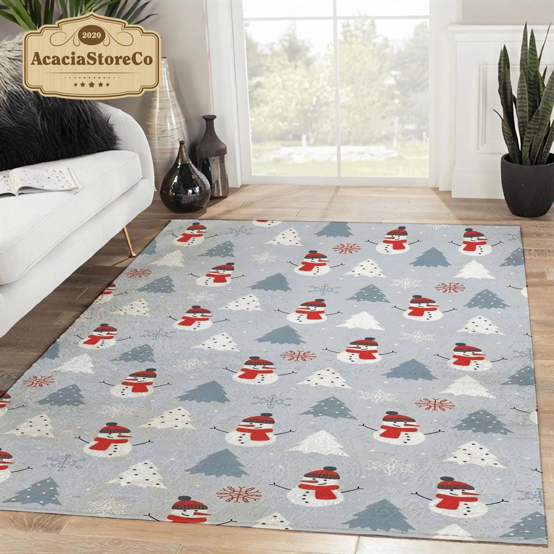 Snowman and Christmas Tree Pattern Rug, Christmas Area Rug, Christmas ...