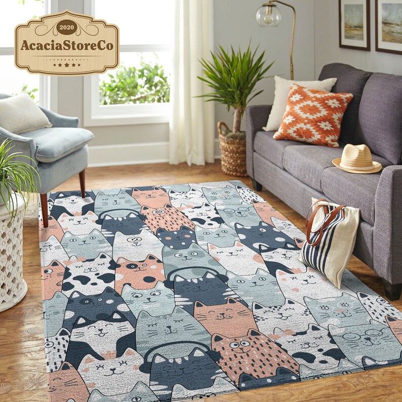 Cute Cats Pattern Area Rectangle Rug, Cats Carpet, Large Vintage Rug ...