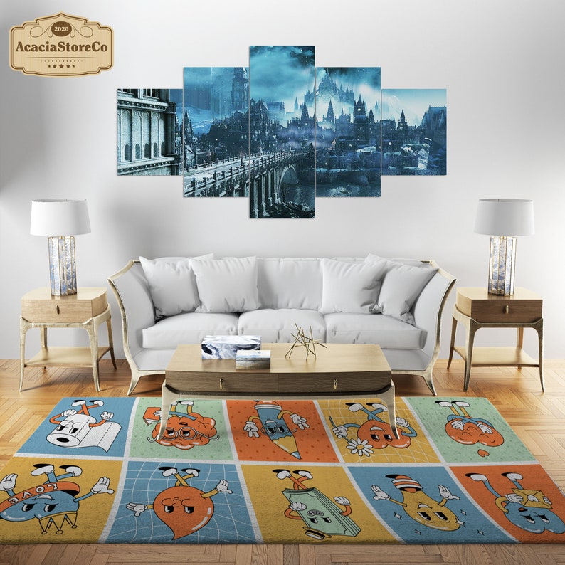 A Set of Funny Happy Cartoon Characters Area Rug, Vintage Rug, Rugs for ...