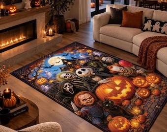 May include: A rectangular area rug featuring a detailed Halloween-themed illustration with various horror movie characters, multiple glowing jack-o'-lanterns, a full moon, a haunted house, and ghosts set against a dark blue and orange night sky.
