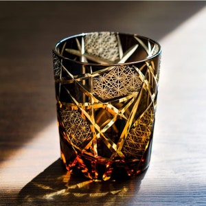 Black Amber Old Fashioned Whiskey Glass｜Exclusive Hand Blown｜Edo Kiriko Crystal Glass | Japanese Traditional Style | Gift Box | Holiday Gift