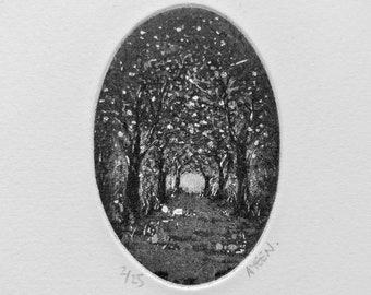 Lux Fine | Original Etching Print | Black and White Illustration | Small Handmade Miniature Art | Copper Plate Etching