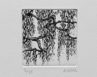 Weeping Willow | Original Etching Print | Black and White Illustration | Small Handmade Miniature Art | Copper Plate Etching