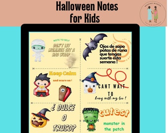 Halloween Notes, Lunch Notes, Bilingual, Halloween Treat Tags