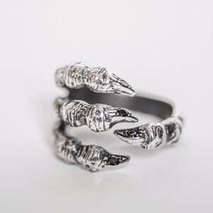 Op de afbeelding: Een zilveren ring met een gedetailleerd klauwontwerp. De klauwen zijn versierd met zwarte stenen.