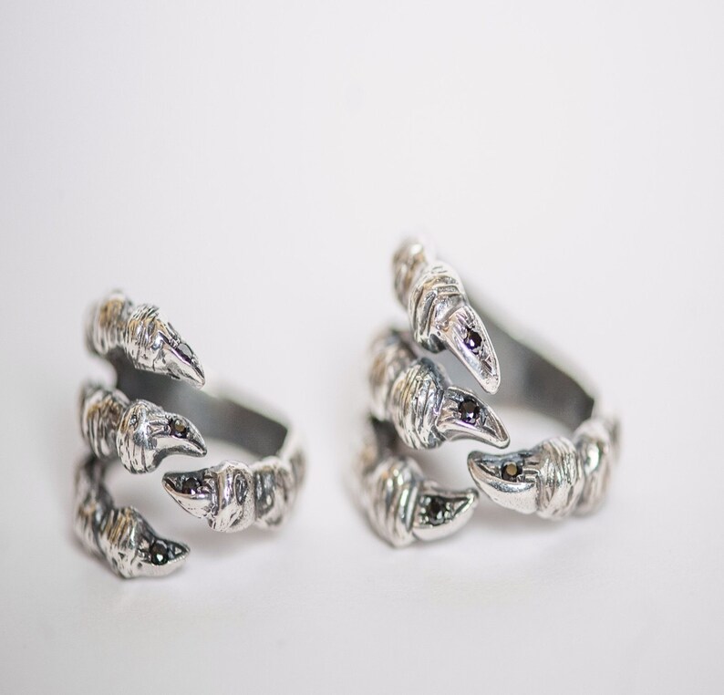May include: Two silver rings shaped like a claw with black gemstones on each claw.