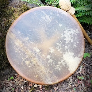 May include: A brown leather drum with a natural wood frame and a beige beater. The drum is sitting on a bed of brown leaves and moss.