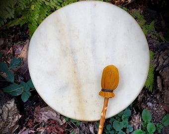 May include: A white drum with a brown wooden stick and a brown suede beater. The drum is sitting on a bed of leaves and branches.