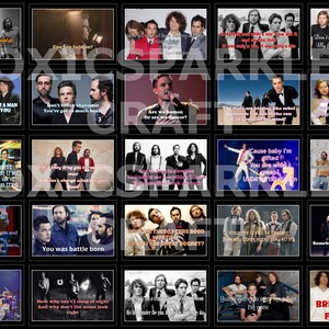 May include: A collage of 20 images featuring a band with lyrics from their songs. The band is performing on stage and in various settings. The lyrics are in black text on a white background.