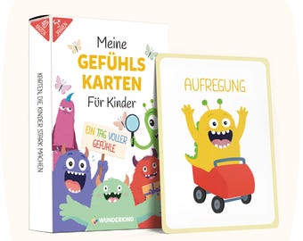 May include: A card game box and a single card featuring colorful monster illustrations. The box reads "Meine Gefühls Karten Für Kinder" and "Ein Tag Voller Gefühle". The single card shows a yellow monster with the word "AUFREGUNG".