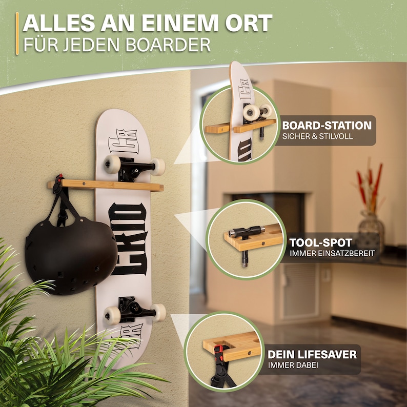 Bambus Skateboard Wandhalter – nachhaltige und robuste Aufbewahrung für Boards mit stilvollem Design.