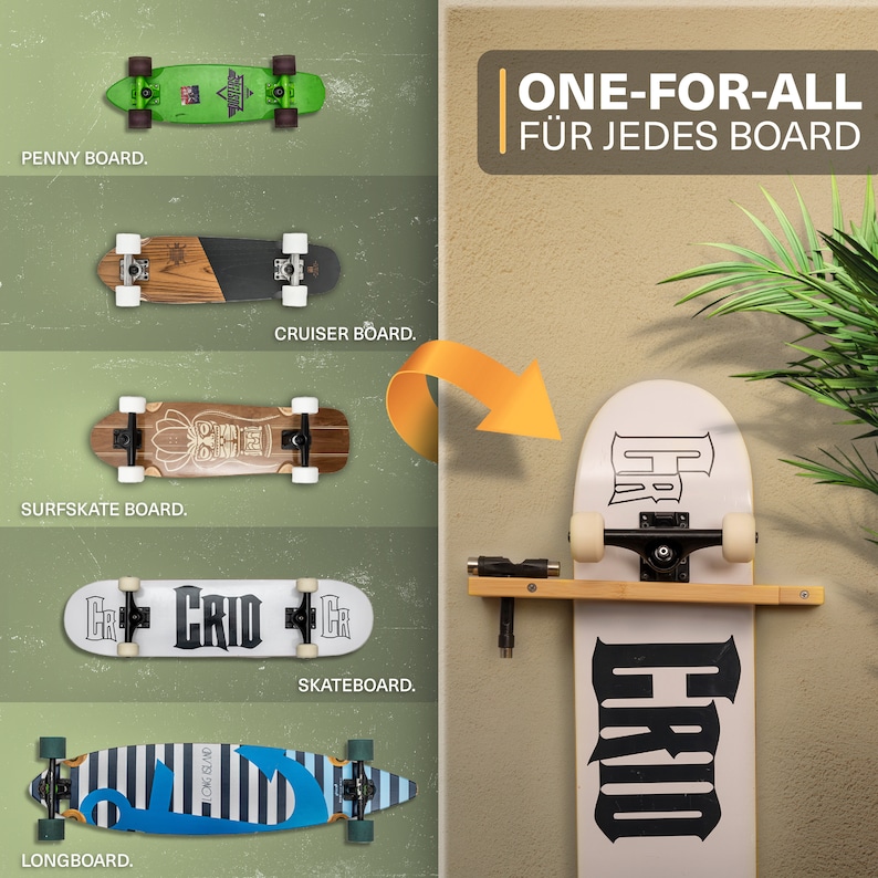 Universelle Board Halterung aus Bambus – geeignet für Skateboards, Longboards, Wakeboards und Balance-Boards.