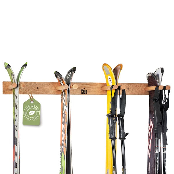 Ski Wandhalterung für 4 Paar Ski inkl. Skistöcke und Equipment - Robustes Eichenholz - Universal Skihalterung - Deutsche Marke CRID