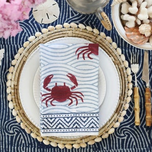 Set of 2 hand block-printed blue wave and red crab napkins Add coastal charm to your table  100% cotton, machine washable, 20"x20"
