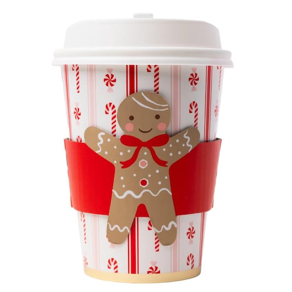 Gingerbread Christmas Coffee Cups, Candy Cane Design, Set of 8