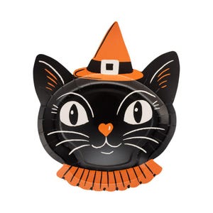 May include: A black cat-shaped paper plate featuring a bright orange witch hat with a black band and white buckle, large white eyes, a small orange heart-shaped nose, white whiskers, and an orange ruffled collar around the cat's neck.