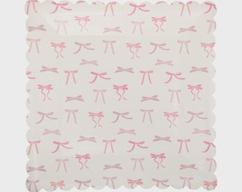 Pink Bow Print Square Paper Plates, Coquette Bridal Shower, Ballet Birthday, Baby Shower Decor