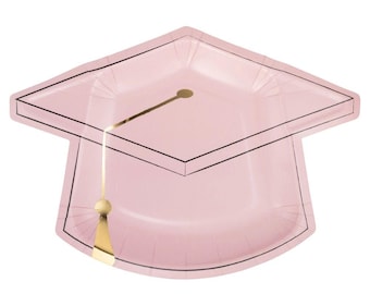 Pink Graduation Cap Plates | Gold Tassel Dessert Party Supplies
