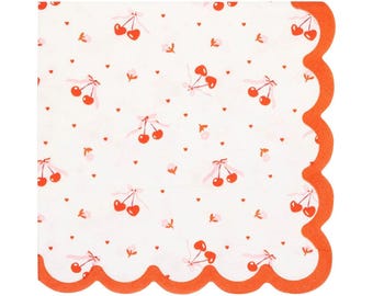 Cherry Cocktail Napkins | Scalloped Red Edge, Set of 24
