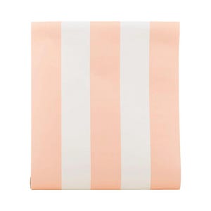 May include: A roll of wallpaper featuring a repeating pattern of wide vertical stripes. The stripes alternate between a soft peach color and white. The wallpaper is rolled up, showing the edge of the paper.