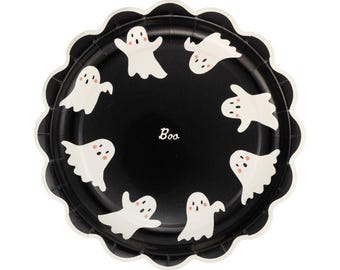 Ghost Scalloped Paper Plates | Halloween Dessert Plates, Black & White Design, 8 Pack
