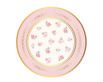 Pink Floral Paper Dessert Plates, Watercolor Blush Gold, 8 in Set of 8 Bridal Shower