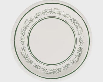 May include: White paper plate with a green leaf design around the rim. The plate has a simple, elegant aesthetic, suitable for various occasions. The green design is a delicate, repeating pattern of leaves and dots.