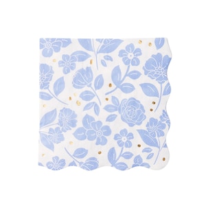 May include: Blue and gold floral patterned paper napkins with scalloped edges.