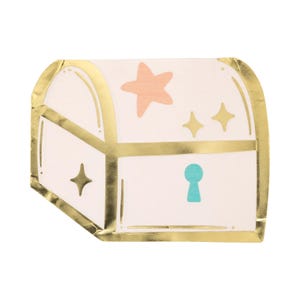 May include: A white paper treasure chest with gold foil trim. The chest features a peach star, two gold stars, and a teal keyhole. The design is reminiscent of a pirate's treasure chest.