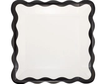 Cream & Black Scalloped Party Plates, Monochrome Tableware, Set of 8