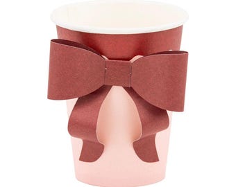 Pink & Burgundy Bow Party Cups, Set of 8: Christmas Cocoa Cups with 3D Bows