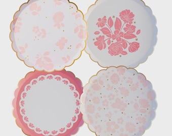 Pink Floral Paper Paper Dessert Plates, Set of 8 | Bridal Shower Plates or Baby Girl Baby Shower Plates