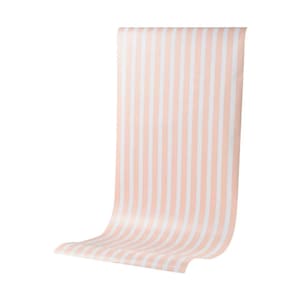 May include: A roll of wallpaper with vertical stripes in alternating shades of light peach and white. The wallpaper is partially unrolled, showing the pattern and texture against a white background.