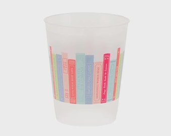 Book Club Cups: Bookshelf Design, Reusable Frosted Plastic, Set of 8