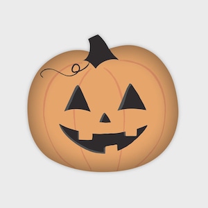 May include: A cartoon illustration of a smiling jack-o'-lantern. The pumpkin is orange with a black stem and a carved face featuring triangular eyes and a toothy grin. A thin vine curls near the stem.