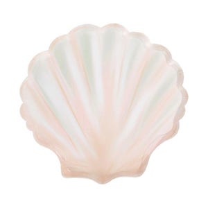 May include: A seashell-shaped paper plate with a scalloped edge. The plate features a pearlescent design with soft pink, white, and pale green hues. The plate's design mimics the natural beauty of a seashell.