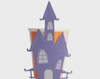 Halloween Haunted House Paper Cups: Pink & Orange Stripe, Purple Toppers - Set of 8