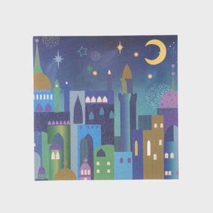 May include: A square card featuring a stylized cityscape under a night sky. The illustration includes buildings in shades of blue, green, and gold, with a crescent moon and stars. The overall design evokes a sense of wonder and fantasy.