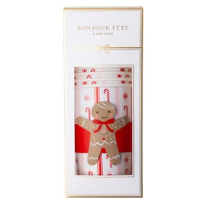 Packaged set of 8 Bonjour Fête Sweet Gingerbread Hot Cups in box with gold detailing.