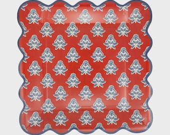 Red Block Print Floral Paper Plates, Scalloped Edge, 4th of July Party Supplies