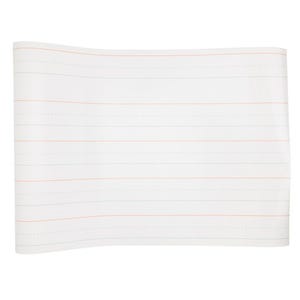 May include: A rectangular sheet of white paper featuring horizontal handwriting practice lines. The layout consists of repeating sets of three lines, with a solid red baseline, a solid red topline, and a dashed blue midline for letter formation guidance.